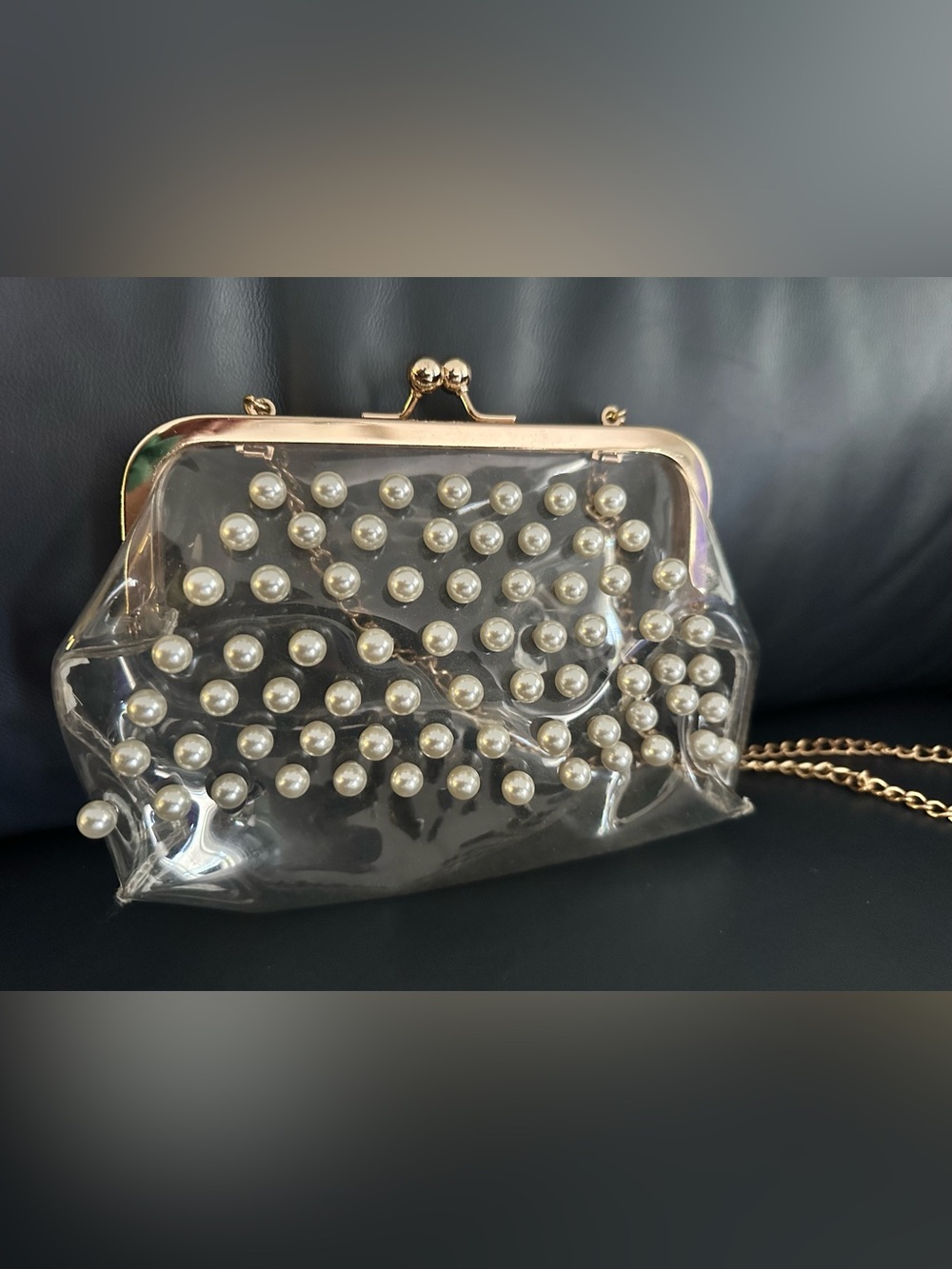 Pearl-Embellished Clear Frame Clutch - Black